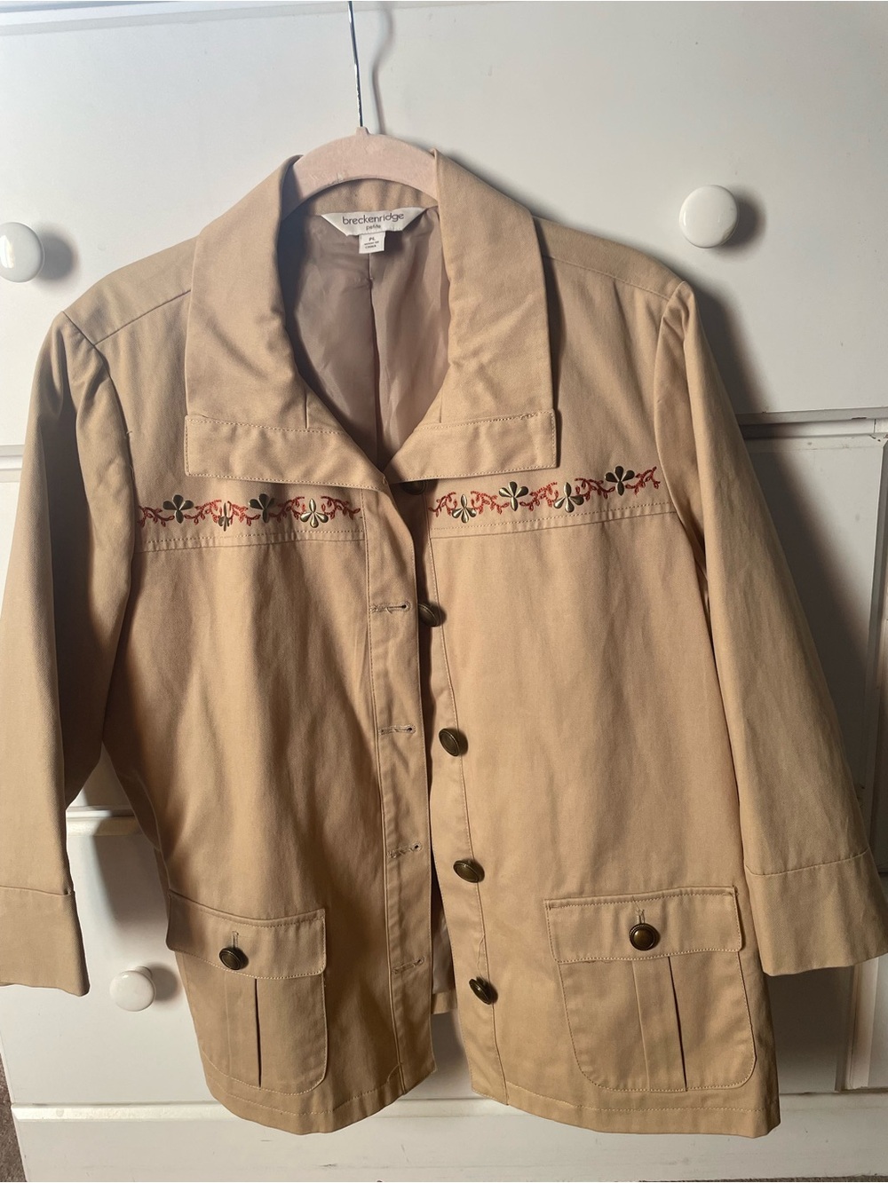breckenridge tan utility jacket with embroidered trim